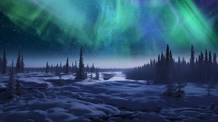Wall Mural - North Pole Forest Aurora Night Harmony Time Lapse Generative AI