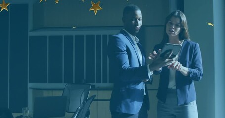 Poster - Discussing tablet content, business professionals with star animation above in meeting