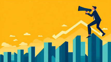 Poster - Business growth concept illustration of a man with megaphone on top of graph bars and arrow up trend