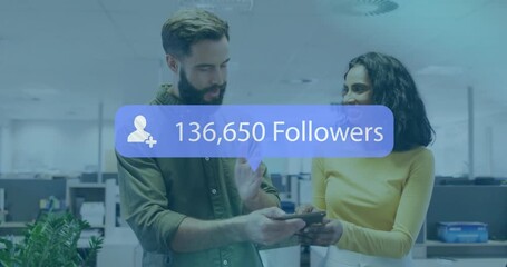 Poster - Discussing social media growth, man and woman analyzing animation in office space