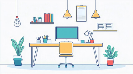 Poster - Modern office desk setup illustration for remote work and home office design concept vector art image