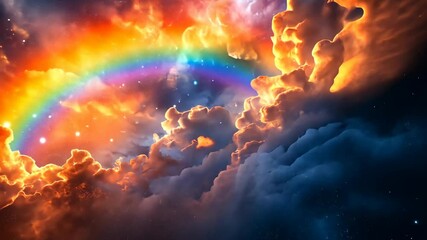 Wall Mural - Dramatic fantasy sky with rainbow, vibrant clouds, and twinkling stars evokes magical, ethereal atmosphere of celestial phenomena