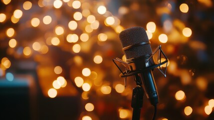 Poster - Close-up of a microphone on a stand against a warm, blurry bokeh background of lights.