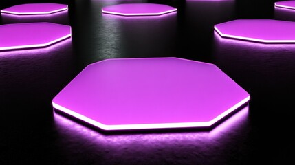 Poster - illuminated polygonal platforms float against a contrasting dark reflective background