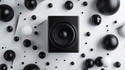 Poster - Black speaker on white background with black and white spheres.