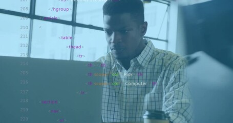 Poster - Working in modern office, man coding with colorful animation overlay on laptop