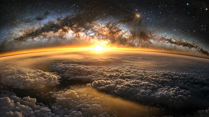 Wall Mural - panoramic view of the earth's atmosphere with sunrise over fluffy cloudscape and starry night sky wi