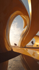 Aufkleber - Abstract golden architecture in desert landscape, showcasing smooth curves and reflections, symbolizing modern design, serenity, and minimalist aesthetics