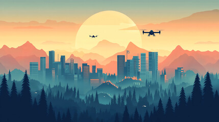 Poster - Cityscape drone photography at sunset vector illustration aerial view buildings and mountain landscape design