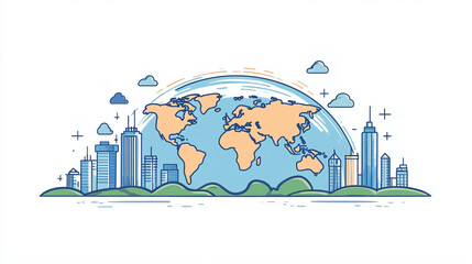 Poster - World map and city skyline illustration for global business and urban development concept design vector art