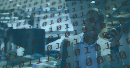 Poster - In office, thoughtful man with binary code overlay, creating digital animation