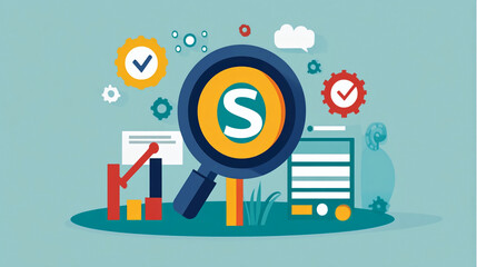 Poster - Seo analysis and search engine optimization strategy with magnifying glass and business data analytics chart