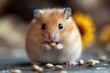 © Gatherina - Adorable hamster enjoying a meal of seeds on a wooden table