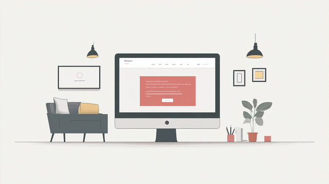 Website design mockup on computer screen with modern interior design and minimal home office setup view