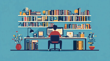 Poster - Illustration of home office setup with desk, computer, bookshelf and a person working at home office