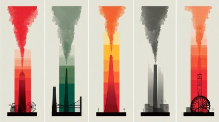 Poster - stylized illustration of industrial smokestacks emitting various colored plumes of smoke against a b