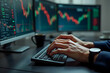 © Gustav - Intricate Close-Up of a Financial Broker's Hands Navigating Stock Market Data on Multiple Screens with Detailed Graphs and Charts Displayed Actively