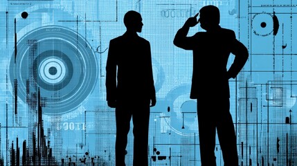 Poster - Silhouette of two businessmen against an abstract blue and white technological background. One man is pointing at his head in thought.
