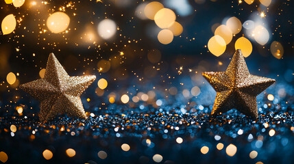 Poster - Festive golden stars background for christmas and new year celebrations with bokeh lights effect design
