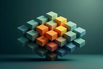 Poster - Intricate Stacking of Multi Colored Cubes Creating an Abstract 3D Structure with Smooth Lighting and Textured Surfaces Perfect for Conceptual Backgrounds