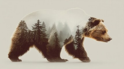 Poster - brown bear silhouette with overlaid forest landscape, pixel art style, neutral background.
