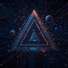 Poster - A vibrant, abstract digital artwork features glowing blue and orange triangles and spheres amidst intricate