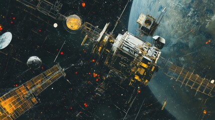 Poster - satellite communication abstract featuring futuristic orbital networks, advanced signal relays, and deep-space digital mapping