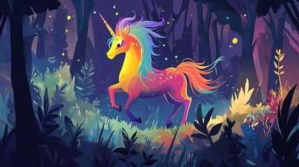 Wall Mural - A monster with a rainbow mane prancing in a magical forest 