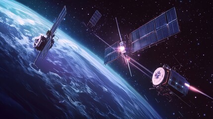 Poster - satellite communication abstract featuring futuristic orbital networks, advanced signal relays, and deep-space digital mapping