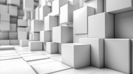 Poster - A modern abstract 3D pattern of white cubes arranged in a structured, geometric design with soft lighting
