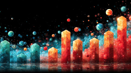 Leinwandbilder - Abstract Colorful Hexagonal Columns with Glowing Orbs on Reflective Surface