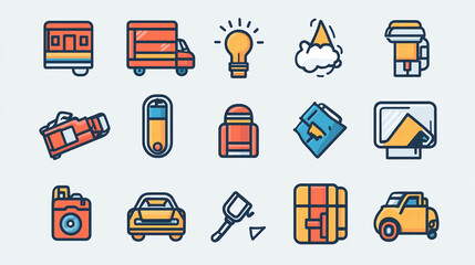 Poster - Vector icon set featuring travel transport and essential object icons for design and creative projects