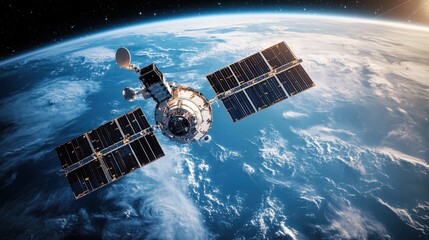 Wall Mural - a satellite hovering above earth, capturing high-resolution images of the planet's surface