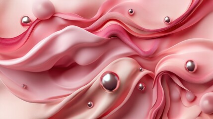 Poster - Elegant flowing pink fabric and shimmering reflective spherical shapes