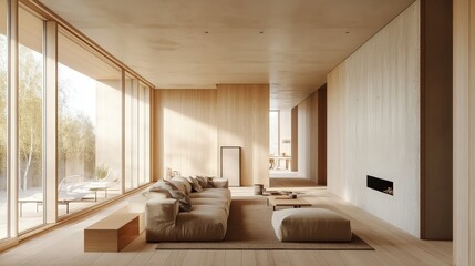 Poster - Scandinavian-style living room with light wood flooring, simple furnishings, and soft neutral tones