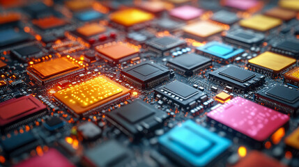 Poster - Colorful circuit board filled with illuminated microchips, representing modern digital technology