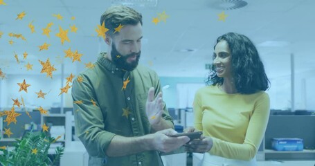 Poster - Discussing animation on smartphone, man and woman with golden stars around them