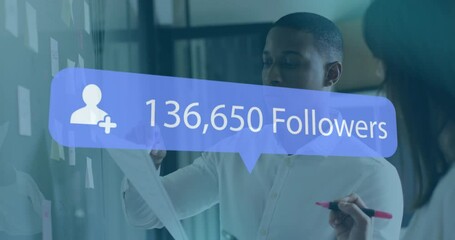 Poster - In office, business professionals discussing strategy with follower count animation overlay