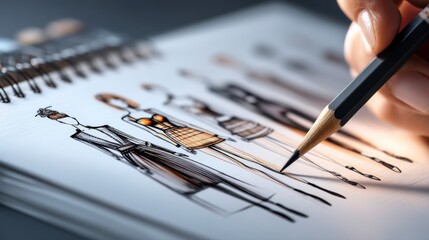 Poster - Close up of a hand sketching fashion designs on a spiral bound sketchbook using a graphite pencil, detailed clothing illustrations in black and gold.