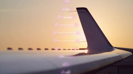 Poster - Sunset view of airplane wing with digital data animation overlay in sky