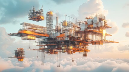 Poster - A sci-fi inspired abstract construction zone with floating platforms assembling into a futuristic megastructure