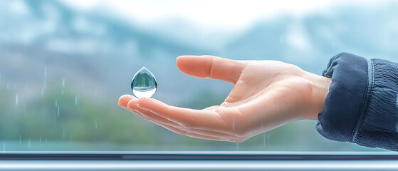 Poster - Captivating water drop in hand nature close-up photography serene environment soft focus refreshing concept