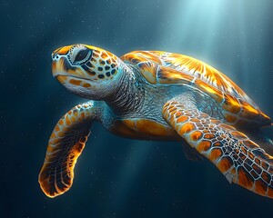 Wall Mural - A sea turtle gracefully swimming underwater its patterned shell illuminated by sunlight