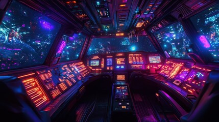 Poster - A sci-fi spaceship cockpit filled with glowing control panels and blinking lights