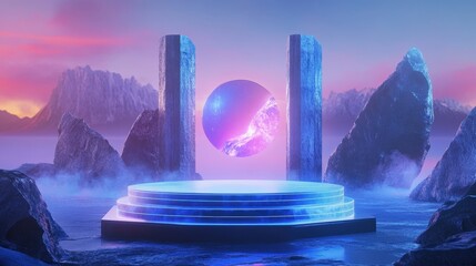 Poster - A sci-fi inspired podium floating in a virtual reality setting with holograms.