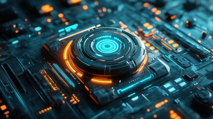 Poster - A sci-fi styled push button, surrounded by glowing energy rings and interactive animations.