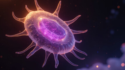 Poster - vibrant, glowing cell with purple nucleus and spiky extensions, representing microscopic life in dark, ethereal environment