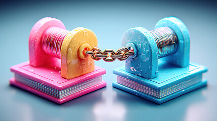Leinwandbilder - Connected Pink and Blue Miniature Winches with Gold Chain