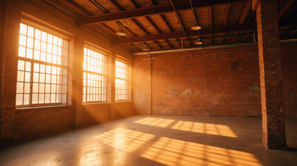 Poster - warm, inviting interior space with large windows allowing sunlight to stream in, casting shadows on floor. brick walls add rustic charm