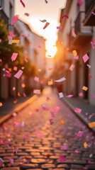 Poster - Colorful confetti floats through air as sun sets over charming cobblestone street, creating festive and joyful atmosphere